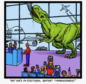 A single-panel cartoon about a dinosaur.